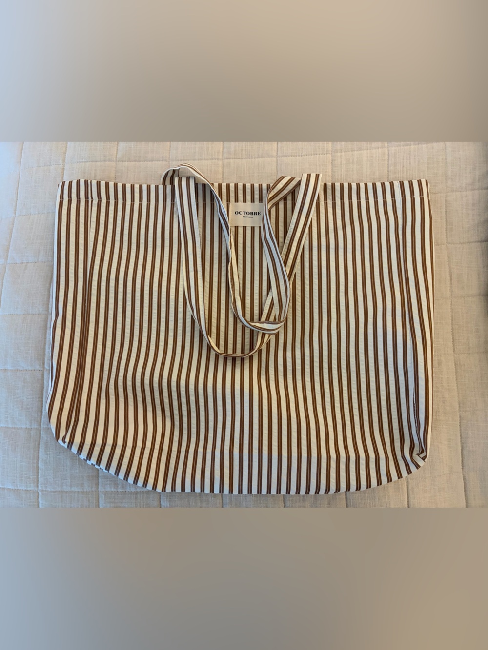 Sezane Octobre Cream white and Brown Striped Tote Bag cotton poplin canvas
